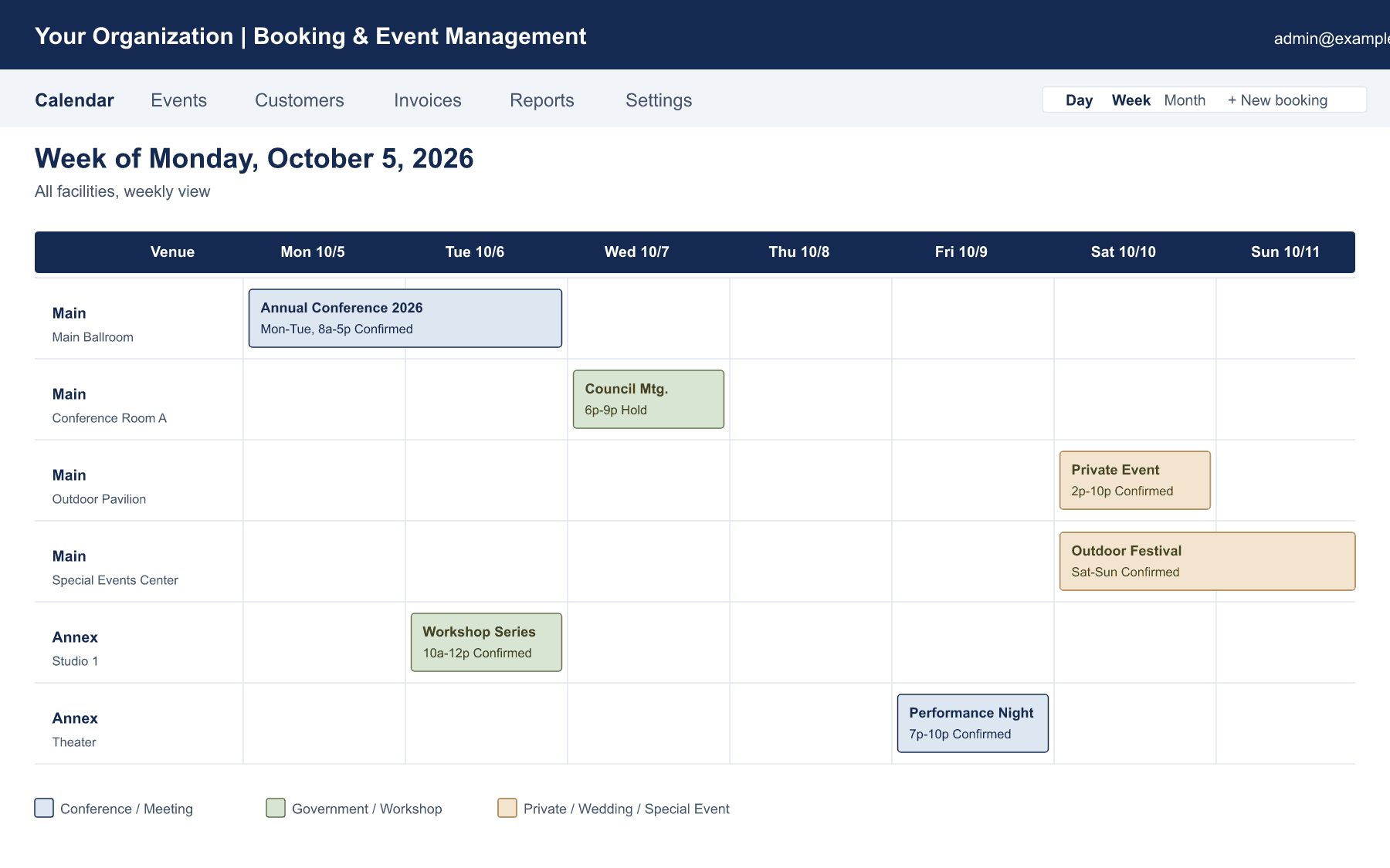 Booking calendar mockup showing a weekly view across multiple facilities with color-coded event categories.