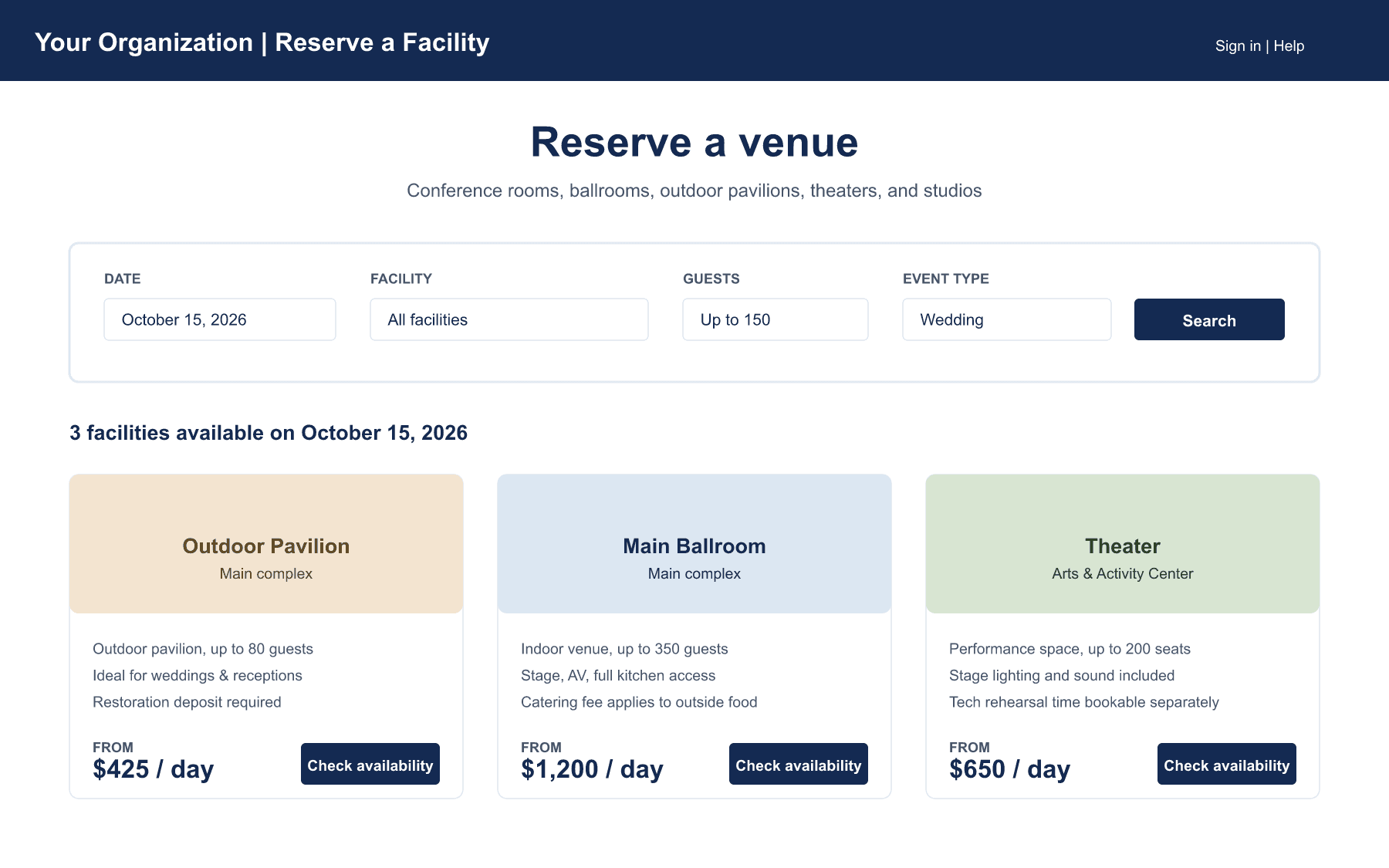 Customer-facing reservation portal mockup with the buyer's branding applied, search filters, and facility cards.